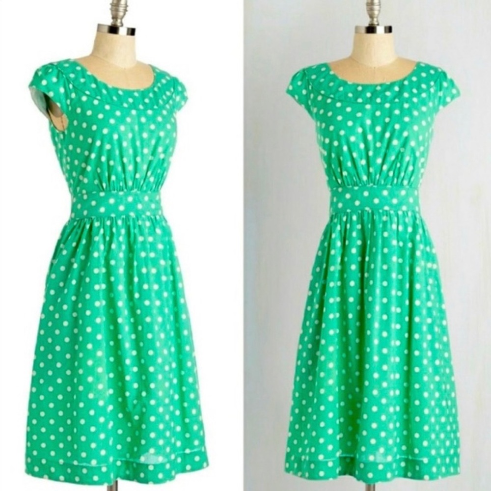 Emily and Fin Rachel dress in mint green with white polka dots